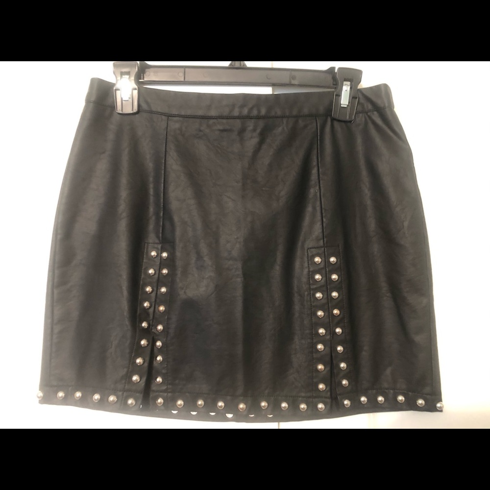 Black faux leather studded mini skirt